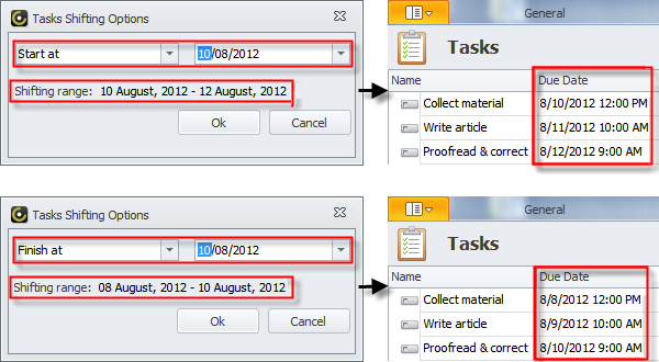 shift task start and finish